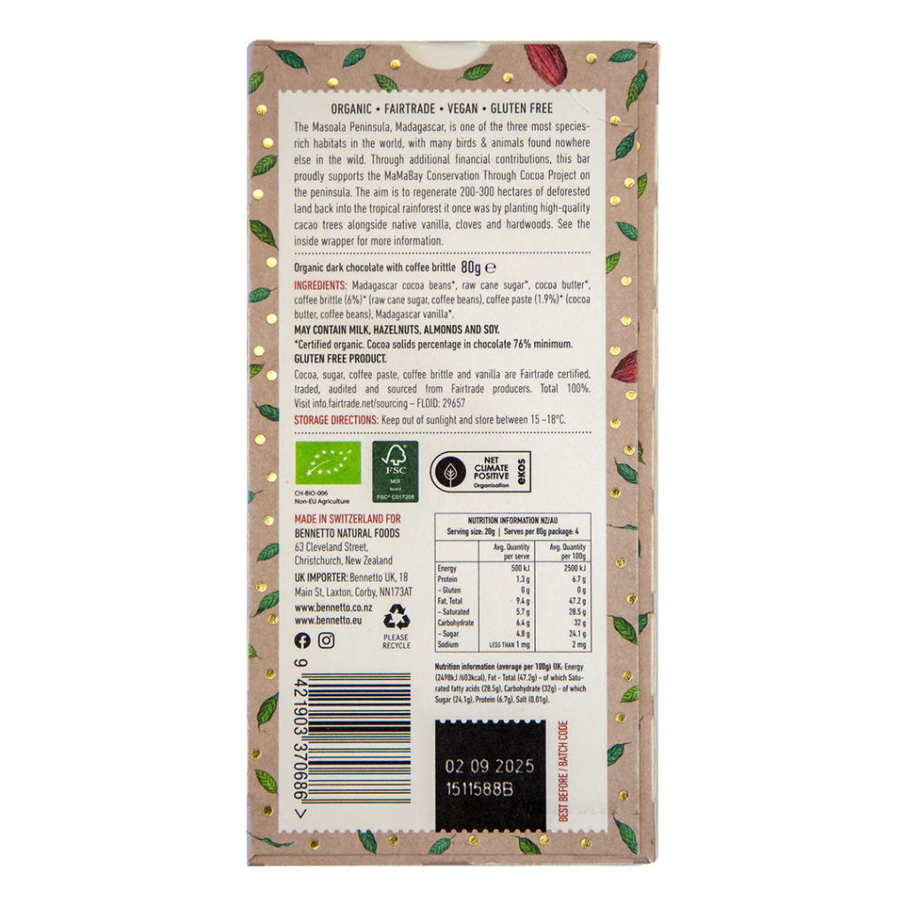 Bennetto Organic Dark Chocolate 80 g