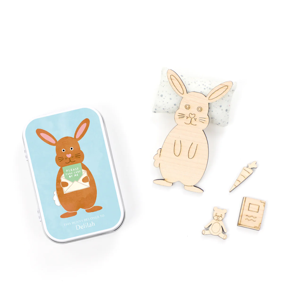 Cotton Twist 'Please Take Care of Me' Wooden Bunny in Tin