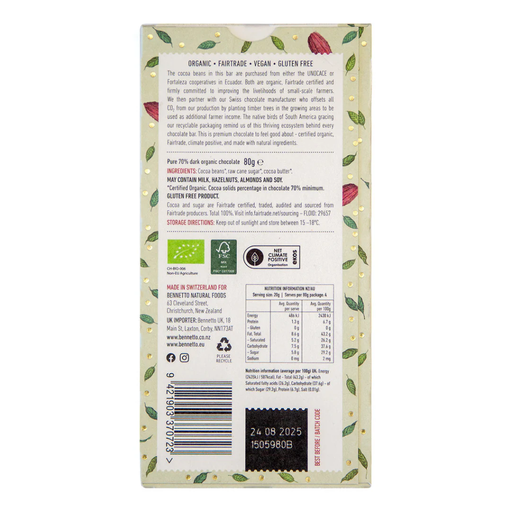 Bennetto Organic Dark Chocolate 80 g