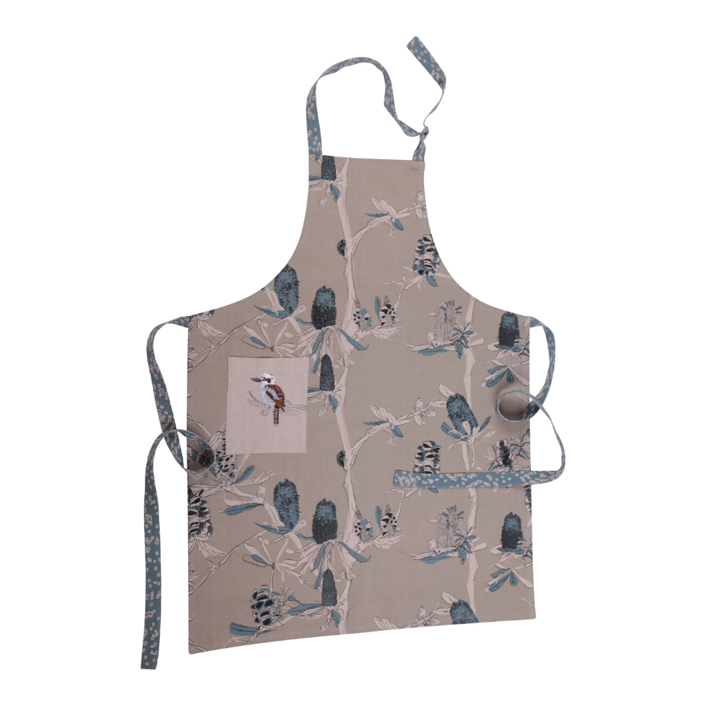 Linen Press Apron Kookaburra & Banksia (Organic Cotton)