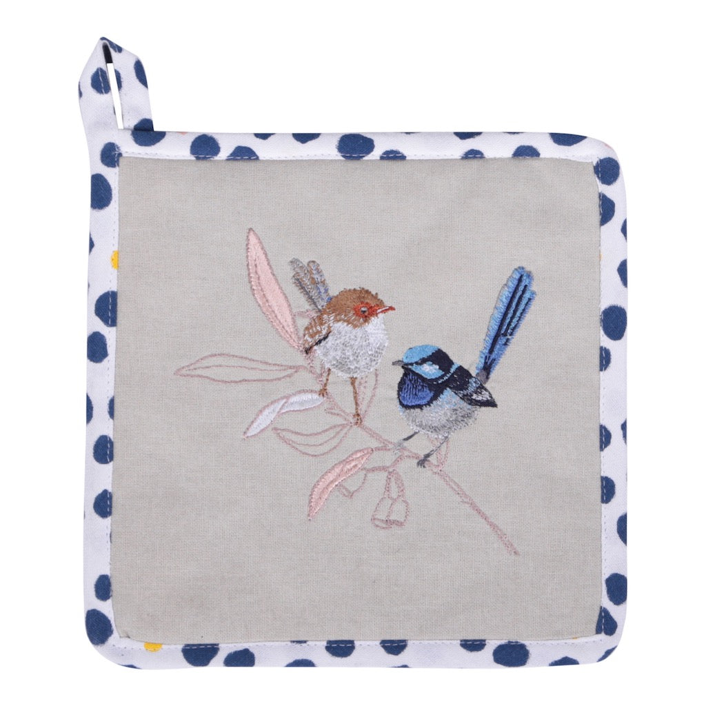 Linen Press Pot Holder Blue Wren Wild (Organic Cotton)